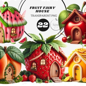 Imágenes prediseñadas de frutas, imágenes prediseñadas de casas de hadas de frutas, casas de frutas, plátano, sandía, creación de tarjetas, ilustraciones, descarga instantánea para uso comercial