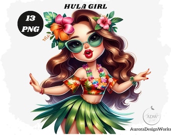 Clipart aquarelle Hula Girl : Hawaiian Luau PNG Set (téléchargement numérique)