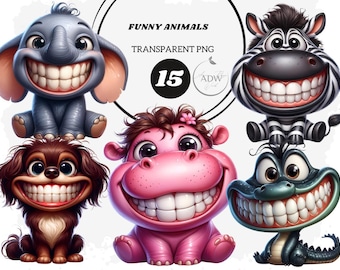 15 Funny Animal Watercolor Clipart Set (PNG Files)