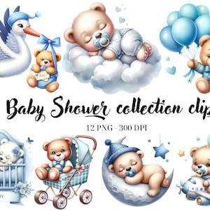 Watercolor Boy Baby Shower clipart,Sleeping Blue Teddy Bear Clipart, 12 PNG Sleepy Teddy Bear Clipart, Baby Bear Clipart, Commercial Use