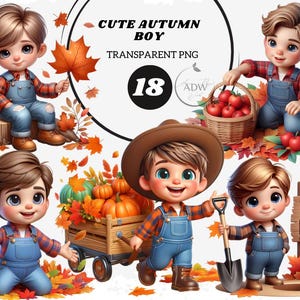 Può includere: Illustrazione digitale di ragazzi dei cartoni animati in scene autunnali. Indossano tute e camicie a quadri, circondati da zucche, mele e foglie autunnali. Il testo "Cute Autumn Boy" e "Hello Fall" è incluso.