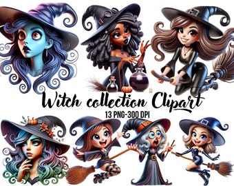 13 Witches Clipart: Spooky Gothic Party Decor (PNG, Commercial Use)