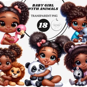 Girl clipart, cute baby girls clipart, black girl clipart, African American clipart set for girls, animals, digital download