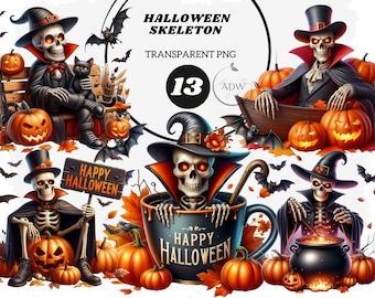 Halloween Skeleton Clipart PNG: Spooky Skull Graphics (Digital Download)