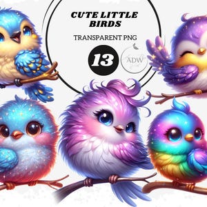 Pájaro lindo, clipart de pájaro, pájaro en una rama, pájaros brillantes, pájaros de fantasía, pájaros de dibujos animados, pajaritos, descarga digital Fantasía caprichosa