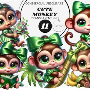 Clipart singe mignon, 11 graphiques de singe adorable PNG, produits à imprimer pour la douche, téléchargement numérique instantané, usage Commercial illimité