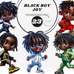 May include: Five cartoon illustrations of Black boys with dreadlocks wearing different colored clothing. The text "BLACK BOY JOY" and "TRANSPARENT PNG" are at the top of the image. The number "23" is in a circle below the text.