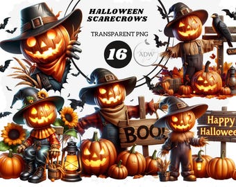 Halloween Scarecrow Clipart: Pumpkin PNG, Spooky Season (Commercial Use)