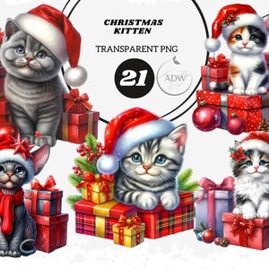 Watercolor Christmas Kitten Clipart: 21 PNG Holiday Cat Images (Commercial Use)