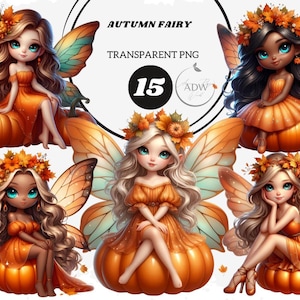 Autumn Fairy Clipart PNG | Fall Fairy Illustration | Cute Forest Fairy Digital Download | Pumpkin Leaves Fairy Sublimation Art
