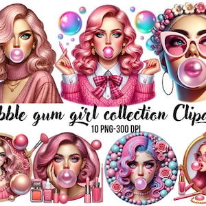 May include: A collection of digital clipart images featuring pink-haired girls blowing bubble gum. The girls are wearing various outfits and accessories, including glasses, headbands, and bows. The images are in a cartoon style and are perfect for use in digital projects.