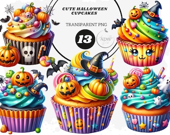 Halloween Cupcake Clipart: Spooky Kawaii Treats (PNG Digital Download)