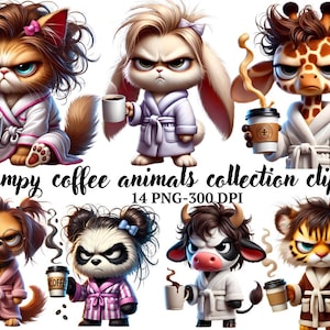 Grumpy Coffee Animals Clipart-Set, niedliche PNG-Dateien von Safaritieren, böse Cartoon-Waldtiere, lustige Haustier Cliparts