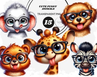 Watercolor Funny Animals Clipart: Adorable PNG Bundle for Kids Prints