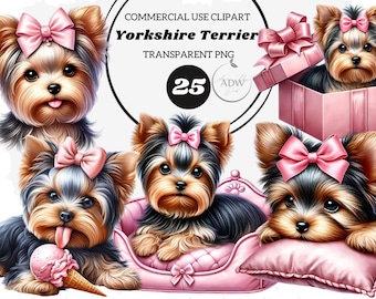 May include: A collection of Yorkshire Terrier clipart images. The dogs have brown, black, and tan fur, and some wear pink bows. One dog is in a pink gift box, and another is licking an ice cream cone. The text "COMMERCIAL USE CLIPART" and "Yorkshire Terrier" is visible.
