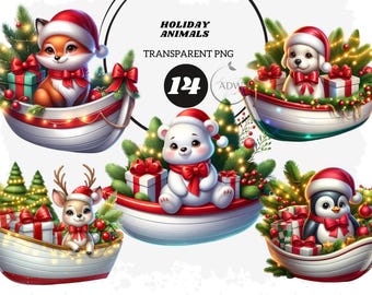 Christmas Animals Clipart, Holiday PNG Bundle (Digital Download)