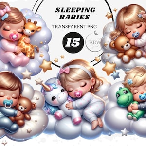以下が含まれることがあります： 雲の上で眠る赤ちゃんをモチーフにしたデジタルイラスト15点セット。それぞれの赤ちゃんは、キリン、テディベア、ユニコーン、恐竜など、さまざまなぬいぐるみを持っています。イラストはカートゥーン調で、柔らかくパステルカラーの配色になっています。