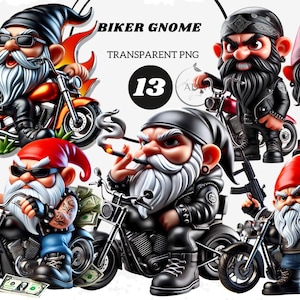 May include: A set of 13 digital images featuring biker gnomes riding motorcycles. The gnomes are wearing leather jackets, bandanas, and sunglasses. The motorcycles are decorated with flames and other biker-themed details.