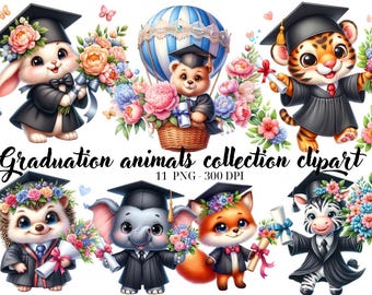 Watercolor Graduation Animals Clipart, Nursery Prints (Digital Download)