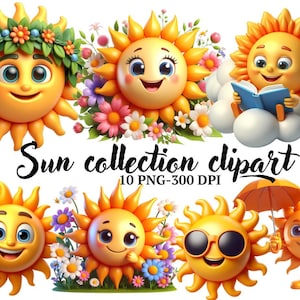 May include: A collection of ten cartoon sun illustrations with different expressions and accessories. The suns are yellow with smiling faces and are surrounded by flowers. The text "Sun collection clipart 10 PNG-300 DPI" is at the bottom of the image.
