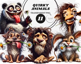 Watercolor Silly Animals Clipart: PNG Transparent Spring Animal Set (Digital Download)