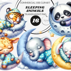Watercolor Sleeping Safari Animals Clipart: 16 PNG Collection (Commercial Use)