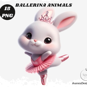 Baletnica Zwierzęta Clipart, 15 PNG Słodkie tańczące zwierzęta Grafika, Balet do druku, słodkie zwierzęta, różowa baletnica
