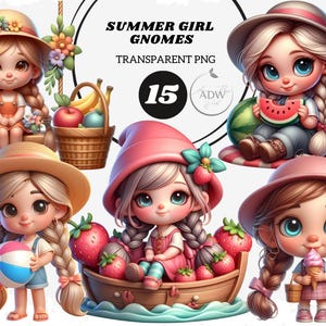 Summer gnome girls, beach girls, 15 PNG beach clipart, beach gnomes clipart, summer gnomes clipart, gnomes PNG, fruit gnomes, commercial use