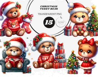 Clipart kerstteddybeer aquarel: png-set voor feestdagen (commercieel gebruik)