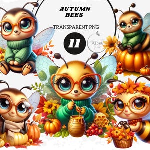 May include: A digital illustration featuring five cartoon bees with glasses, wings, and autumn-themed accessories. The bees are surrounded by pumpkins, leaves, and flowers. Text at the top reads "AUTUMN BEES" and "TRANSPARENT PNG".