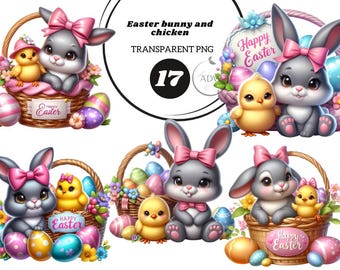 Easter Bunny & Chick Clipart Set: Watercolor PNG Graphics (Digital Download)