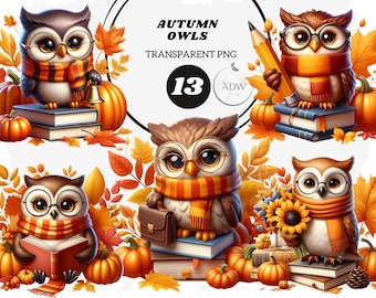 Autumn Owl Clipart: Back to School PNG Bundle (13 Files)