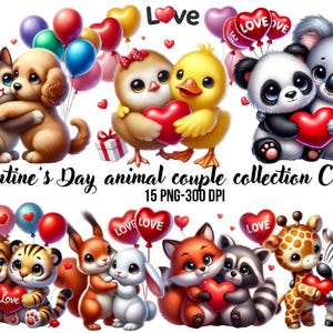 Valentine&#39;s Day Animal Couple Clipart: Romantic PNG Bundle (Digital Download)