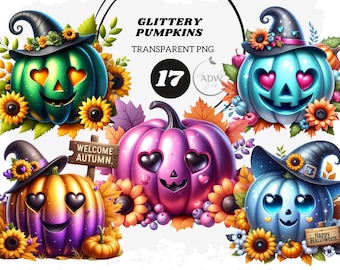 Glittery Halloween Pumpkin Clipart, Fall PNG (Commercial Use) (Digital Download