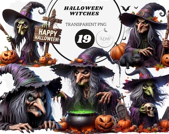 Watercolor Halloween Witch Clipart: Spooky PNG Prints (Digital Download)