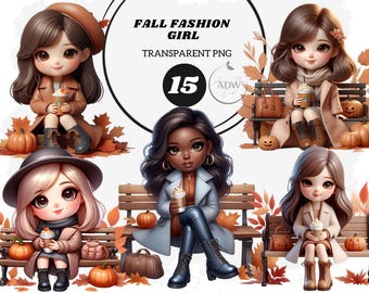 Fall Fashion Girl Clipart: Autumn Coffee PNG Set (Digital Download)