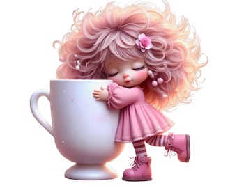 Whimsical Girl with Coffee Clipart PNG – Coffee Lover Illustration, Digital Download