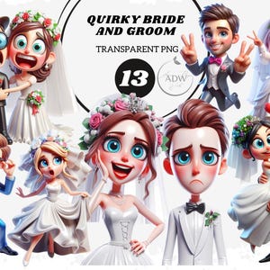 Puede incluir: Un conjunto de 13 ilustraciones de dibujos animados de novias y novios en varias poses. Las ilustraciones están en un estilo caprichoso con colores brillantes y rasgos exagerados. El texto "Quirky Bride and Groom" y "Transparent PNG" es visible en la imagen.