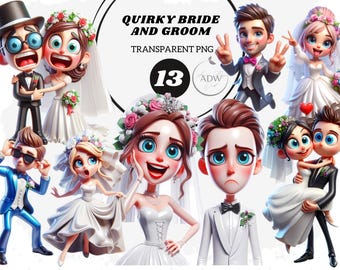 Quirky Wedding Clipart: Bride and Groom PNG Images (Instant Download)