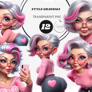 Trendy Grandma Clipart: Retro Fashion PNG Illustration (Digital Download)