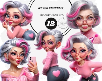 Modna Babcia Clipart: Ilustracja w stylu retro w formacie PNG (pobieranie cyfrowe)