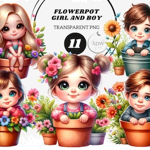 May include: Four illustrations of children in flower pots. Each child is wearing casual clothing and has a flower crown. The illustrations are on a white background.