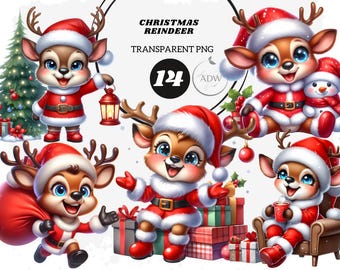 Clipart PNG di renne natalizie ad acquerello: illustrazione di cervi natalizi (download digitale)