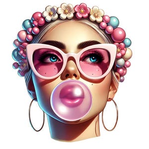 Bubble Gum Girl Clipart: Retro Female PNG Graphics (Digital Download)