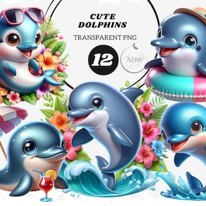 Uroczy delfin clipart, Mały delfin clipart PNG, Wysokiej jakości cyfrowe pobieranie PNG, Letni clipart, Fantazyjne delfiny, Sztuka dla dzieci PNG