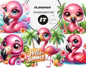 Floral Flamingo Clipart, Tropical Birds, Commercial Use (Digital Download)