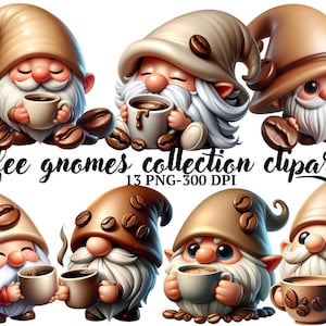 Watercolor Coffee Gnome Clipart Bundle: 13 PNG Images (Commercial Use)