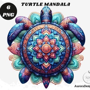 Puede incluir: Diseño de mandala de tortuga colorido con patrones intrincados en tonos de azul, morado, naranja y verde. La imagen incluye el texto "Turtle Mandala" y "6 PNG". Es una ilustración digital.