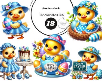 Watercolor Easter Duck Clipart Bundle, PNG Graphics (Commercial Use