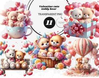 Watercolor Valentine Teddy Bear Clipart | Romantic Animal PNG (Digital Download)